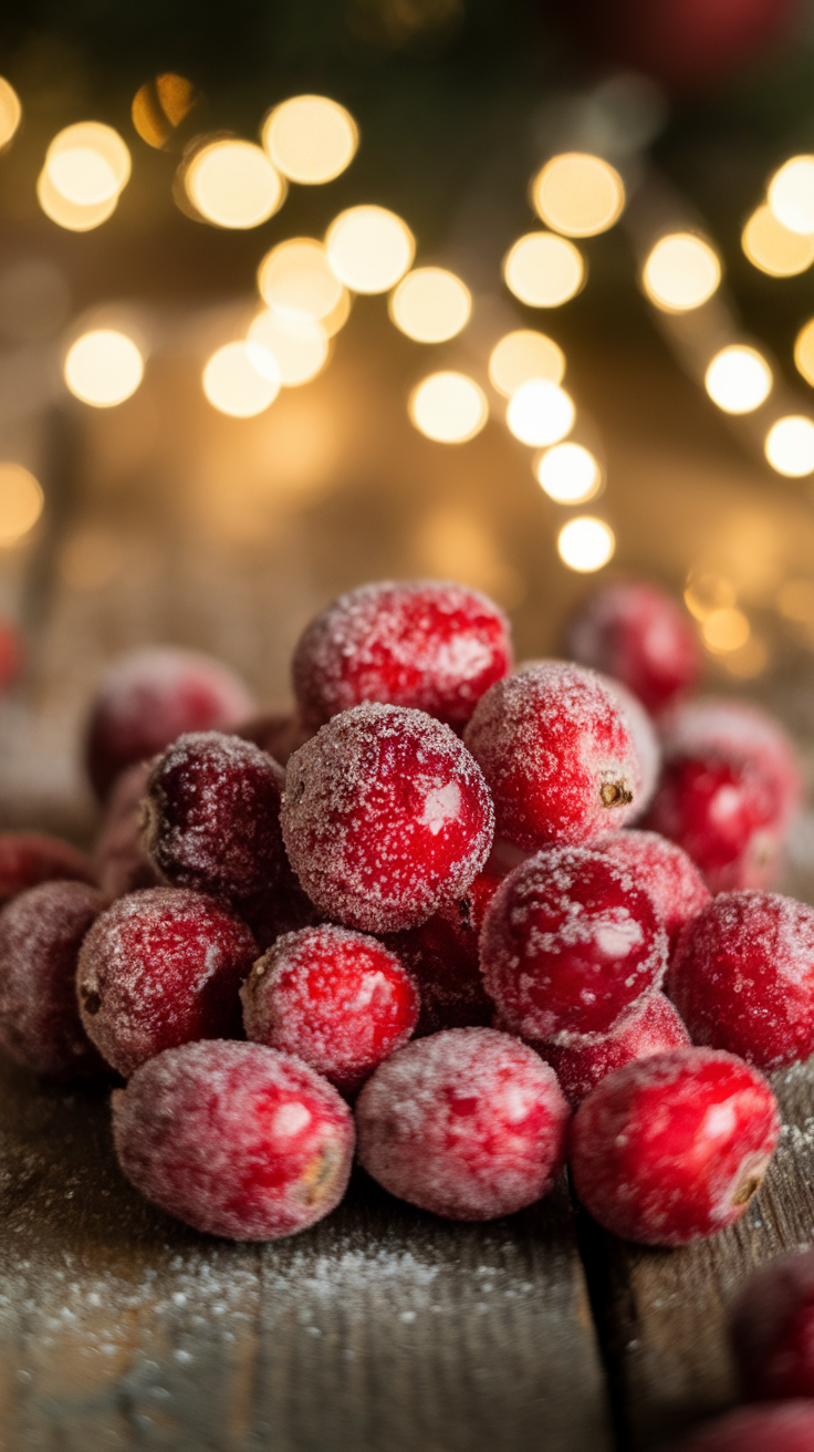 Sugared cranberries sparkling with sugar on a wooden table, with holiday lights in the background.